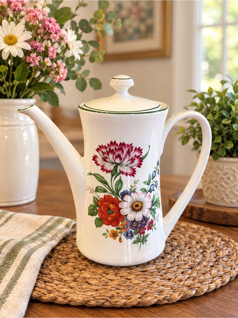 Classic White Ceramic Coffee Pot with Multicolor Floral Motif